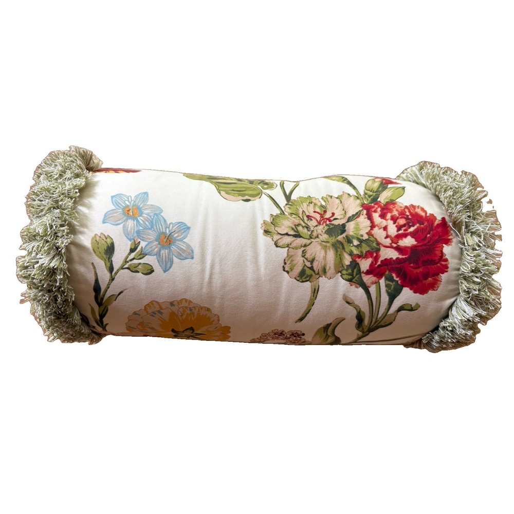 Rose Tree Floral Botanical Bolster Pillow 17" Fringe Trim Cottage Garden VTG